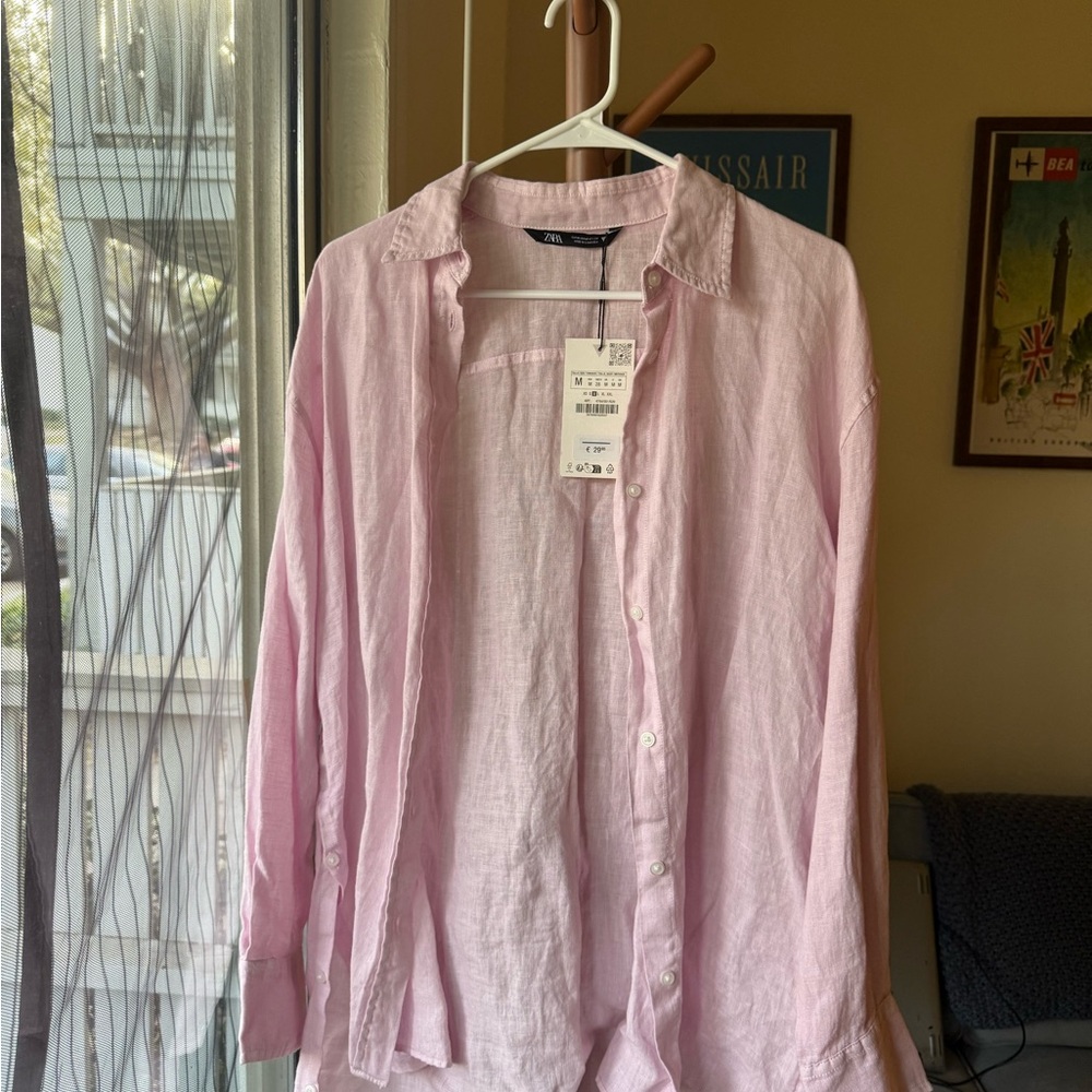 Zara Pink Linen Button-Up Shirt